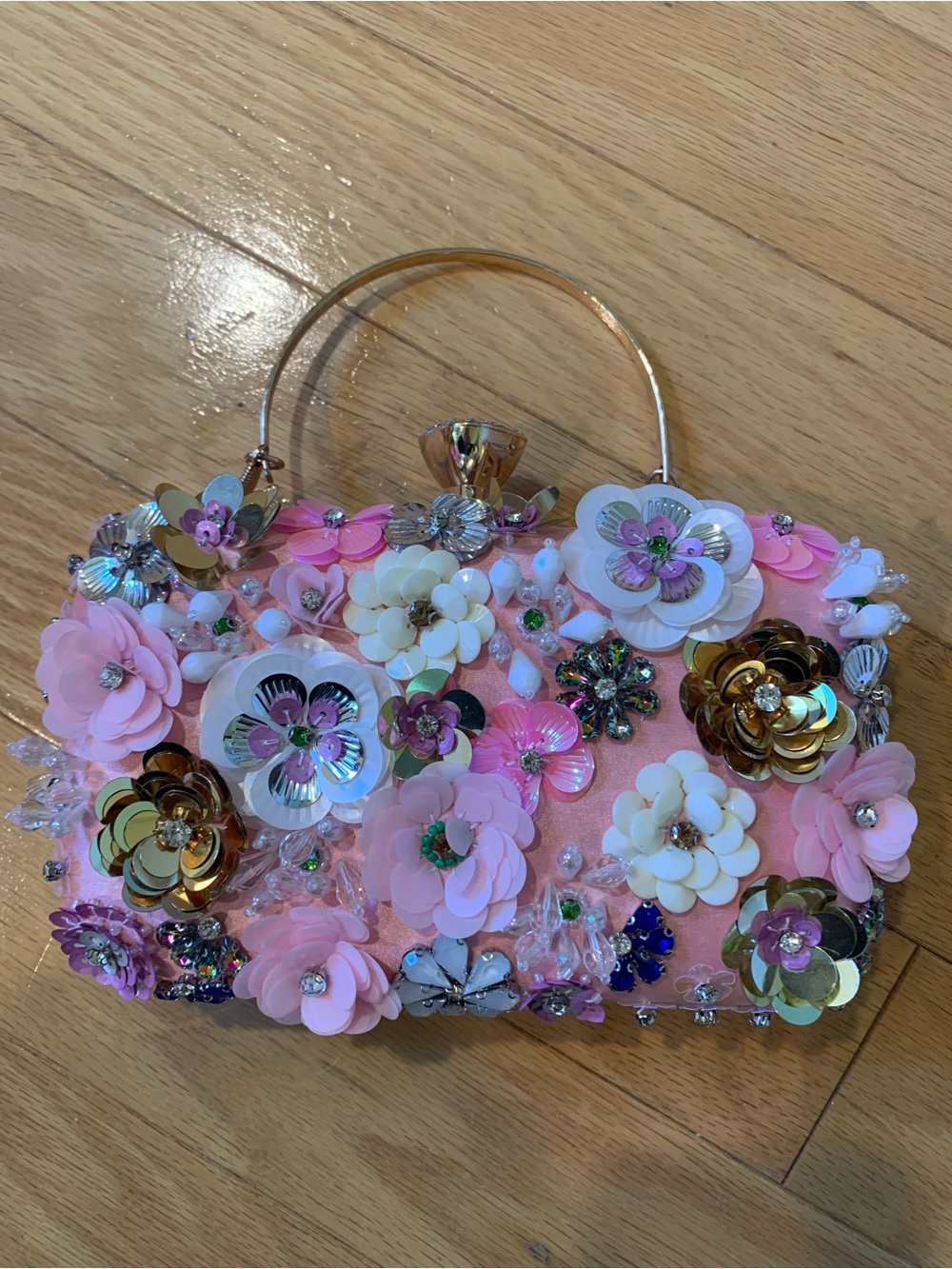 Amazon Pink Floral Sequin & Bead Evening Clutch with Gold Handle
